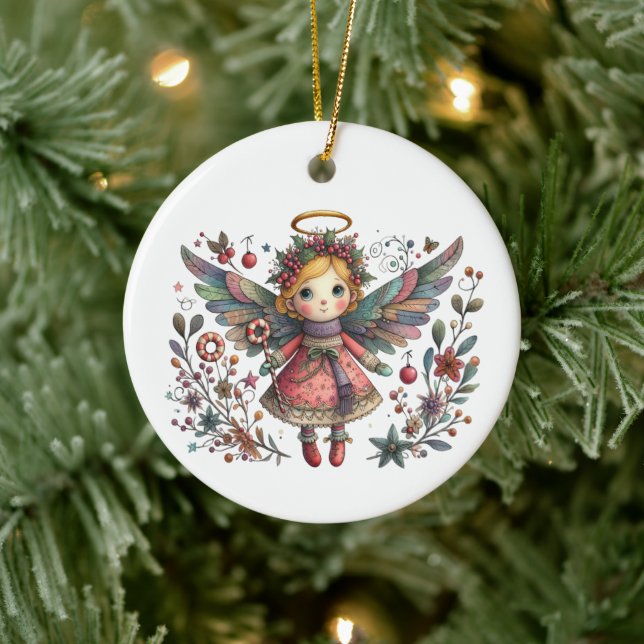  Whimsical Christmas Angel with Multi-colour Wings Ceramic Ornament (Tree)