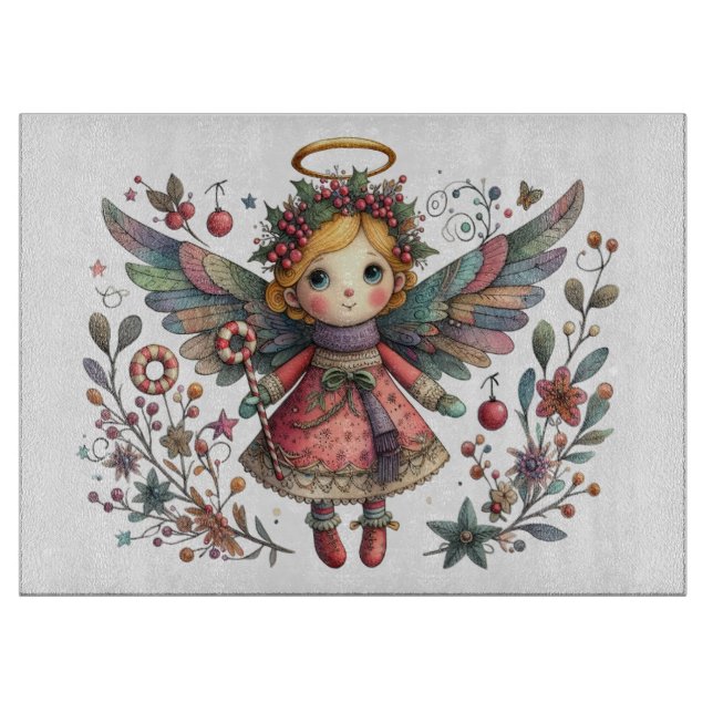  Whimsical Christmas Angel with Multi-colour Wings Cutting Board (Front)