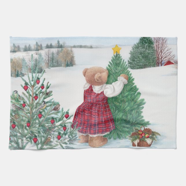 Whimsical Christmas Bear Winter Pine Tea Towel (Horizontal)