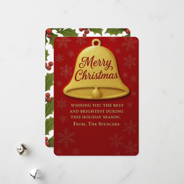 Whimsical Christmas Bell & Holly Photo Holiday Card (Front/Back In Situ)