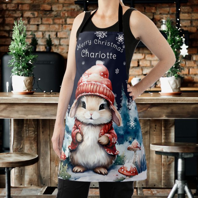 Whimsical Christmas Bunny Personalised Apron (Whimsical Christmas Bunny Personalized Apron)