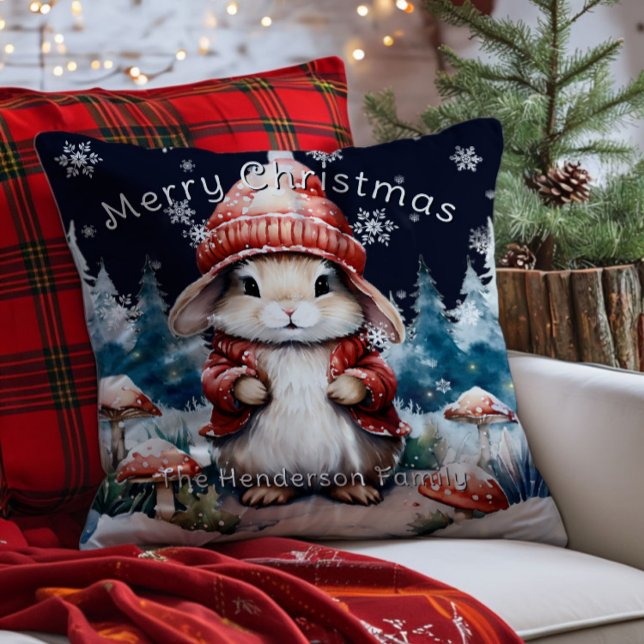 Whimsical Christmas Bunny Personalised Cushion (Whimsical Christmas Bunny Personalized Throw Pillow)