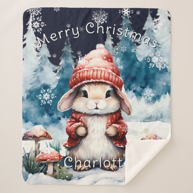 Whimsical Christmas Bunny Personalised Sherpa Blanket (Front)