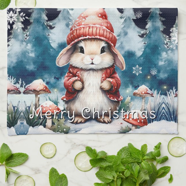 Whimsical Christmas Bunny Tea Towel (Folded)