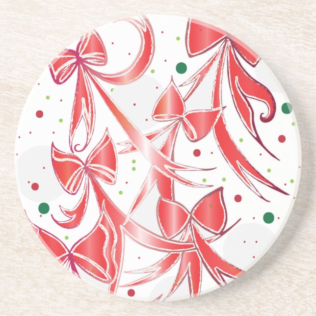 Whimsical Christmas Candy cane bows pattern Coaster (Front)