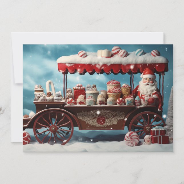 Whimsical Christmas Candy Cart 3  Holiday Card (Front)