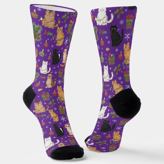 Whimsical Christmas Cat Pattern Socks  (Angled)