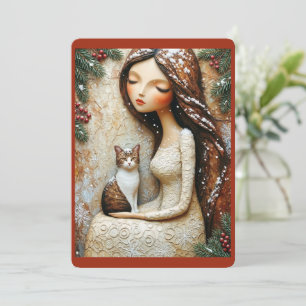 Whimsical Christmas Cat Winter Maiden Art Card