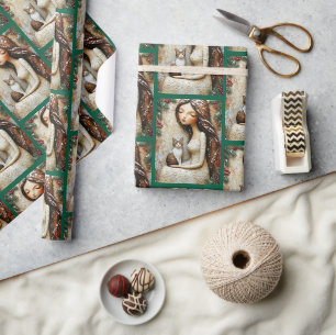 Whimsical Christmas Cat Winter Maiden Art Wrapping Paper