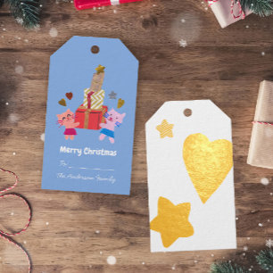 Whimsical Christmas Cats & Presents Blue Gift Tags
