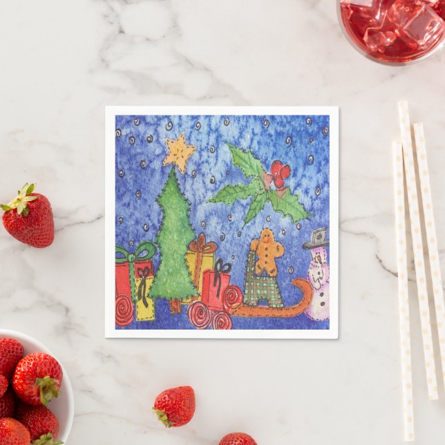Whimsical Christmas Cheer Watercolor Painting Napkin (Insitu)
