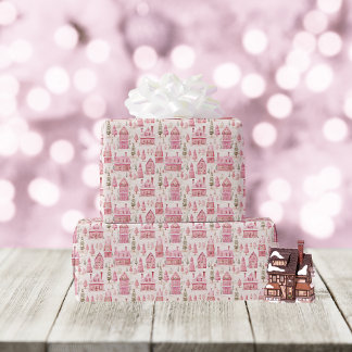Whimsical Christmas Cottage Homes Pink Wrapping Paper