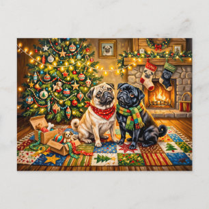 Whimsical Christmas Cottage Mops Dog Illustration Postcard