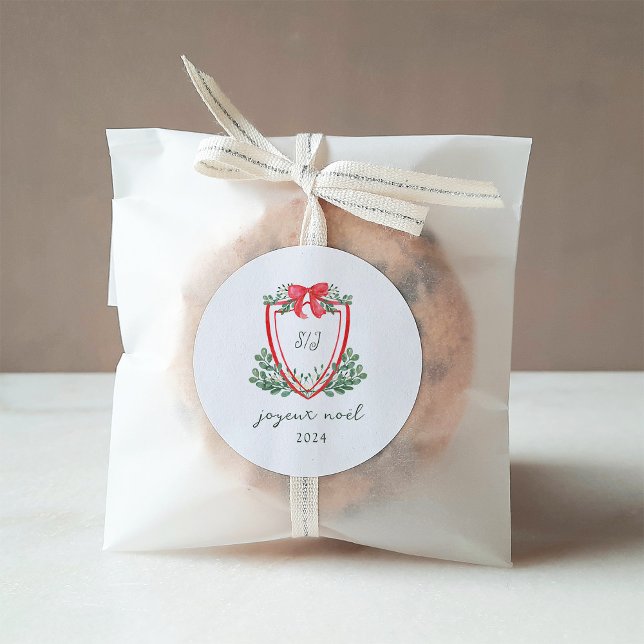 Whimsical Christmas Crest | Joyeux Noël Classic Round Sticker (Creator Uploaded)