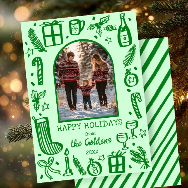 Whimsical Christmas  Cute Custom Arch PHOTO  Holiday Card (Whimsical Christmas Cute Custom Arch PHOTO Green Doodle Sketch Hand-drawn Holiday Card
)