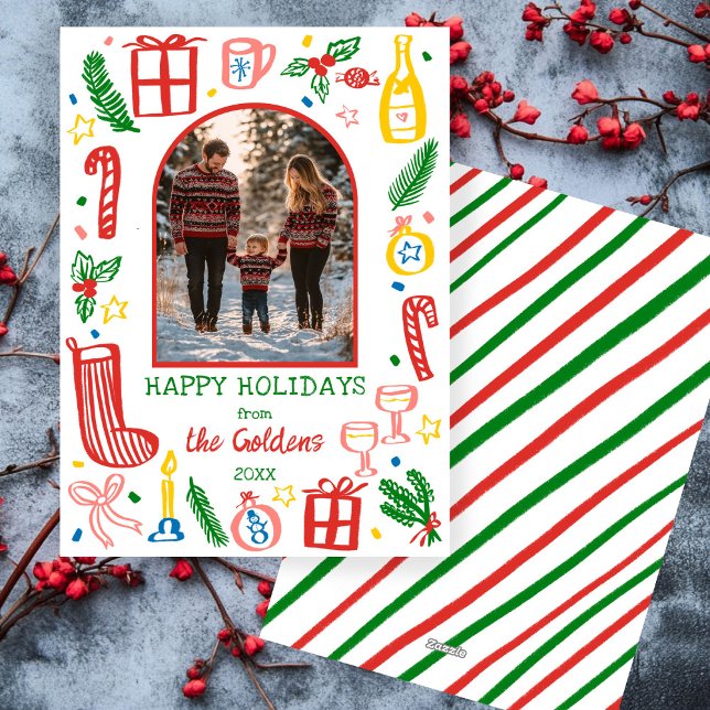 Whimsical Christmas  Cute Custom Arch PHOTO  Holiday Card (Whimsical Christmas Cute Doodle Sketch Custom Arch PHOTO Holiday Card)