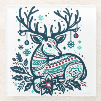Whimsical Christmas Deer Vector Clipart - Festive Glass Coaster