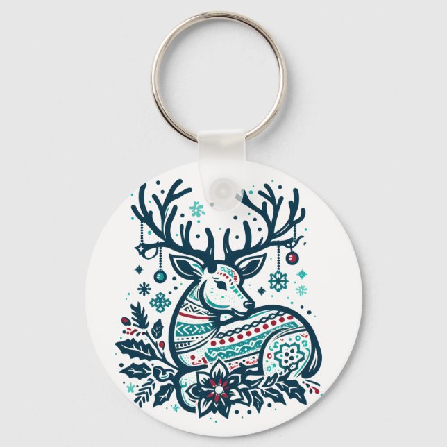 Whimsical Christmas Deer Vector Clipart - Festive Key Ring (Front)