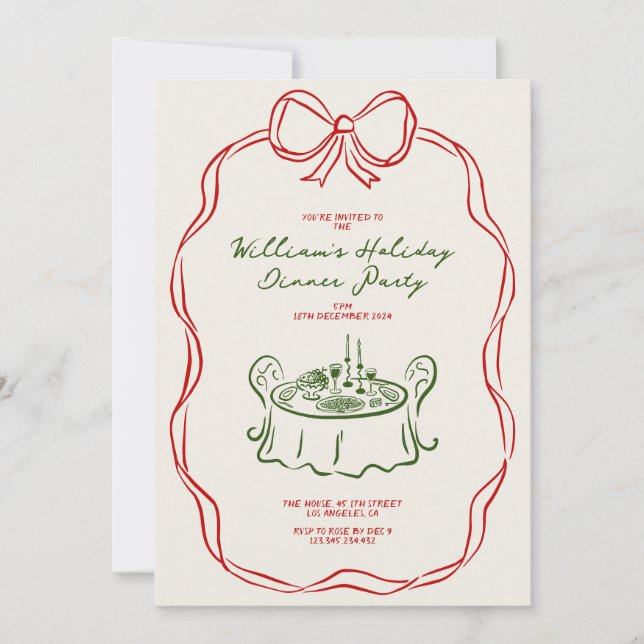 Whimsical Christmas Dinner Party Green and Red  Holiday Card (Front)