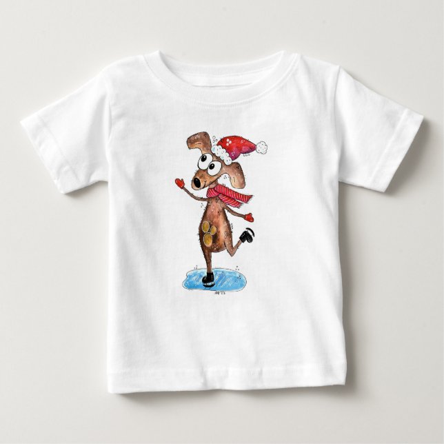 Whimsical Christmas Dog on Ice Skates Baby T-Shirt (Front)