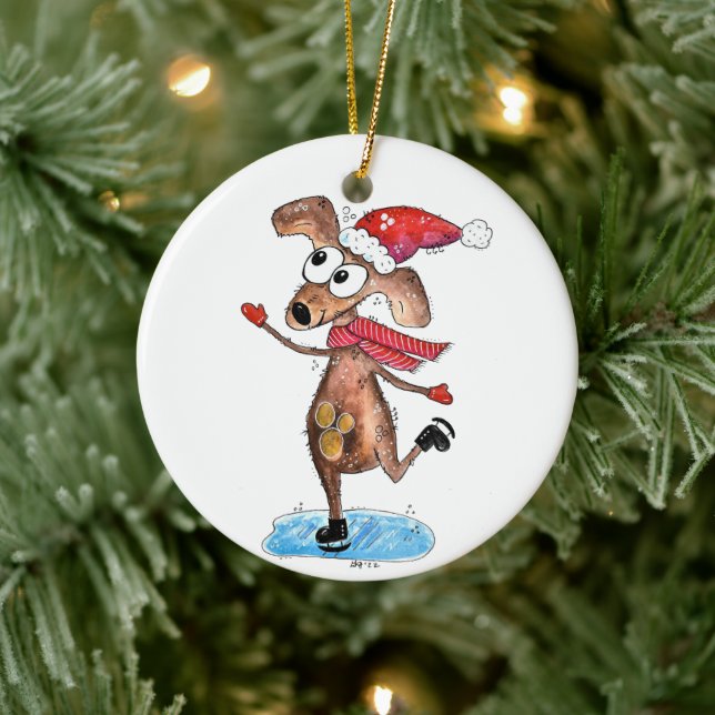 Whimsical Christmas Dog on Ice Skates Ceramic Ornament (Tree)