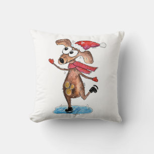 Whimsical Christmas Dog on Ice Skates Cushion