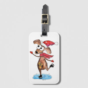 Whimsical Christmas Dog on Ice Skates Luggage Tag