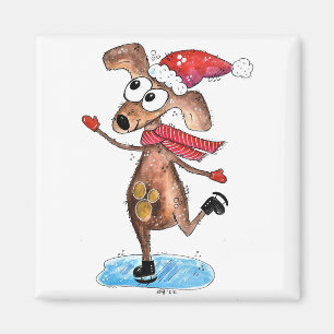 Whimsical Christmas Dog on Ice Skates Magnet