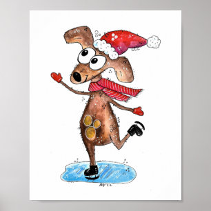 Whimsical Christmas Dog on Ice Skates Poster