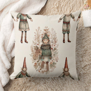 Whimsical Christmas Elf Folk Art Cream Green Red Cushion