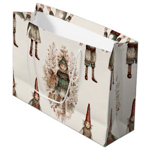 Whimsical Christmas Elf Folk Art Cream Green Red Large Gift Bag
