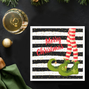Whimsical Christmas Elf Legs on Stripes Napkin