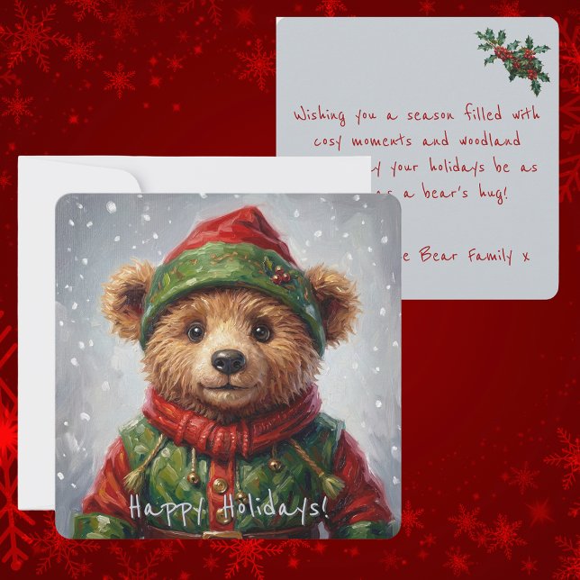 Whimsical Christmas Elf Teddy Bear Painterly Style Holiday Card (Christmas Elf Teddy Bear Happy Holidays Greeting Card Painterly Style with personalised text)