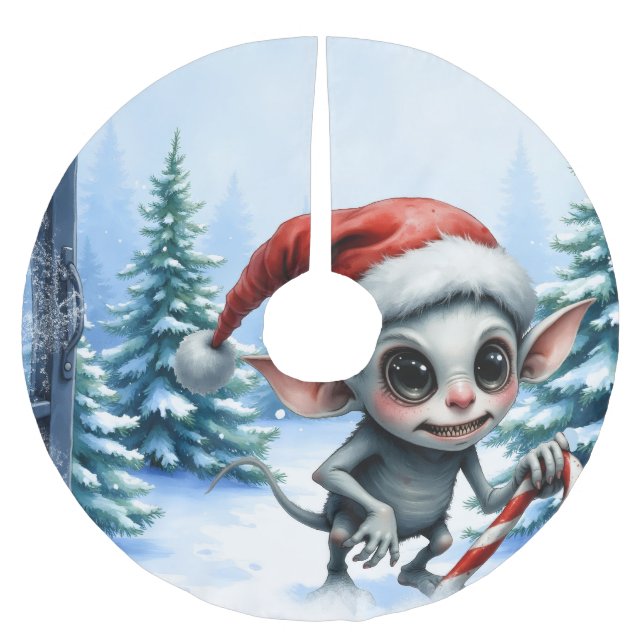 Whimsical Christmas Elf with Candy Cane.  Brushed Polyester Tree Skirt (Front)