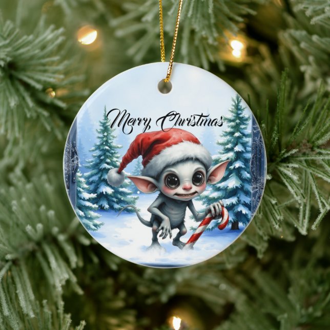 Whimsical Christmas Elf with Candy Cane. Ceramic Ornament (Tree)