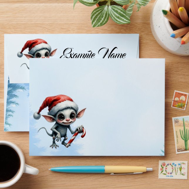 Whimsical Christmas Elf with Candy Cane.  Envelope (Desk)
