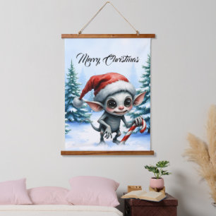 Whimsical Christmas Elf with Candy Cane. Hanging Tapestry
