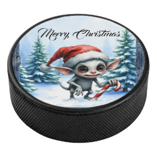 Whimsical Christmas Elf with Candy Cane. Hockey Puck
