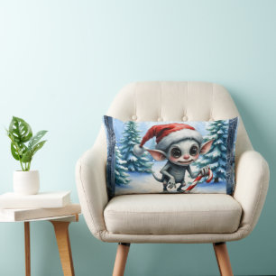 Whimsical Christmas Elf with Candy Cane. Lumbar Cushion