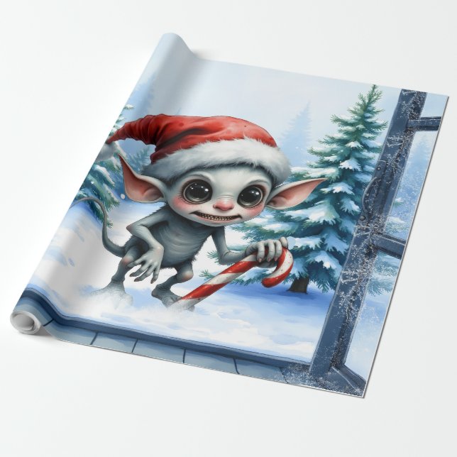 Whimsical Christmas Elf with Candy Cane. Wrapping Paper (Unrolled)