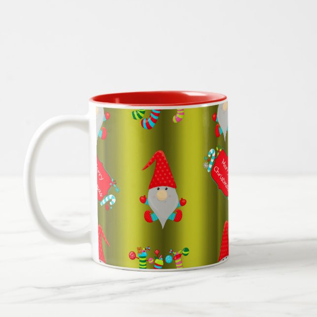 Whimsical Christmas Elves Cute Green Two-Tone Coffee Mug (Left)
