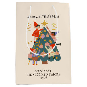Whimsical Christmas Elves Decorating Tree Medium Gift Bag