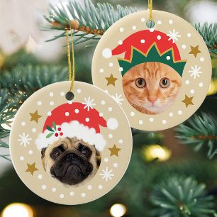 Whimsical Christmas Face In Hole 2 Pet Photo Ceramic Ornament
