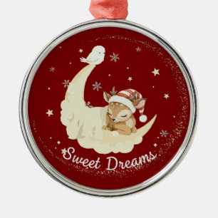 Whimsical Christmas Fawn Sleeping on Moon Sweet Metal Ornament