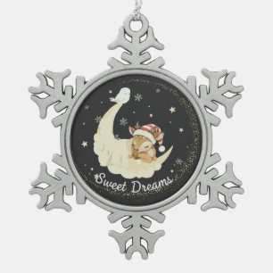 Whimsical Christmas Fawn Sleeping on Moon Sweet Snowflake Pewter Christmas Ornament