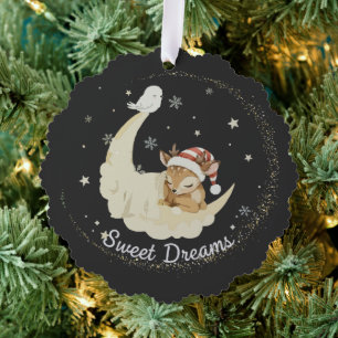 Whimsical Christmas Fawn Sleeping on Moon Sweet  Tree Decoration Card