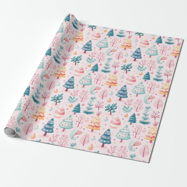Whimsical Christmas Forest Pattern Wrapping Paper (Unrolled)