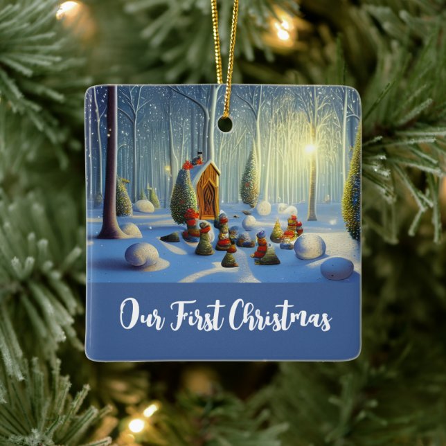 Whimsical Christmas Forest Scene Personalized Ceramic Ornament (Tree)
