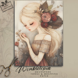 Whimsical Christmas Girl Festive Floral Decoupage Tissue Paper