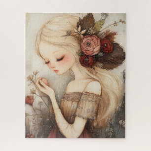 Whimsical Christmas Girl Festive Floral Fine Art  Jigsaw Puzzle